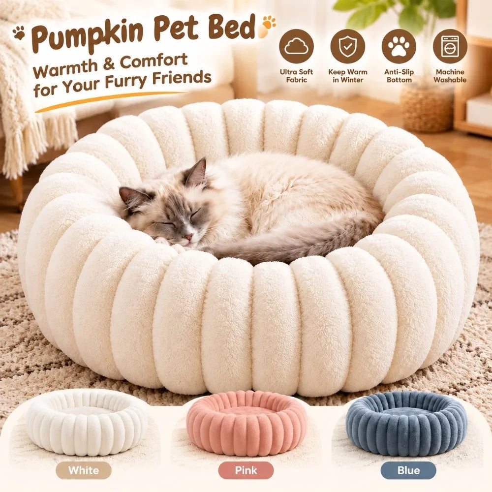 Pumpkin-Ribbed Plush Round Pet Bed