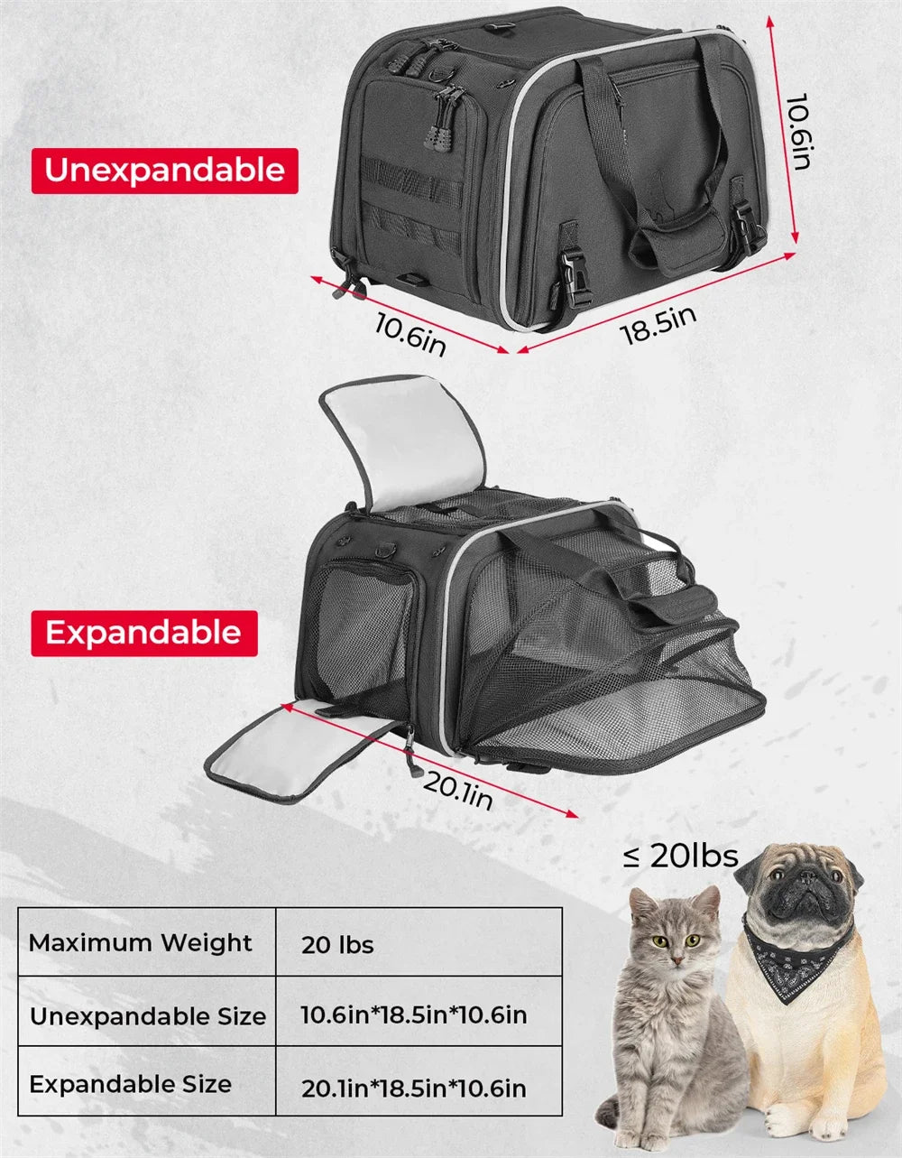 Black Pet Travel Carrier with Mesh Panels & Storage Pockets