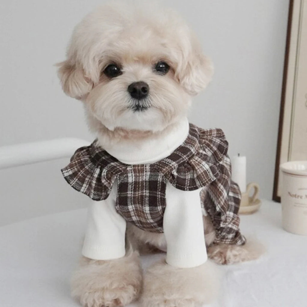 Brown Plaid Pet Pinafore Dress with Ruffle Trim