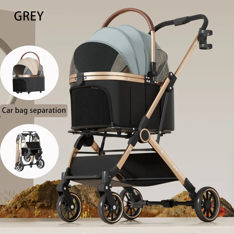 Gold-Tone Frame Pet Stroller with Detachable Basket