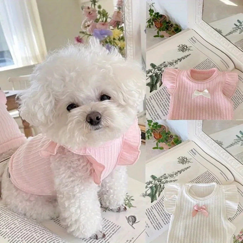 Ribbed Pet Top with Ruffle Shoulders & Contrast Bow