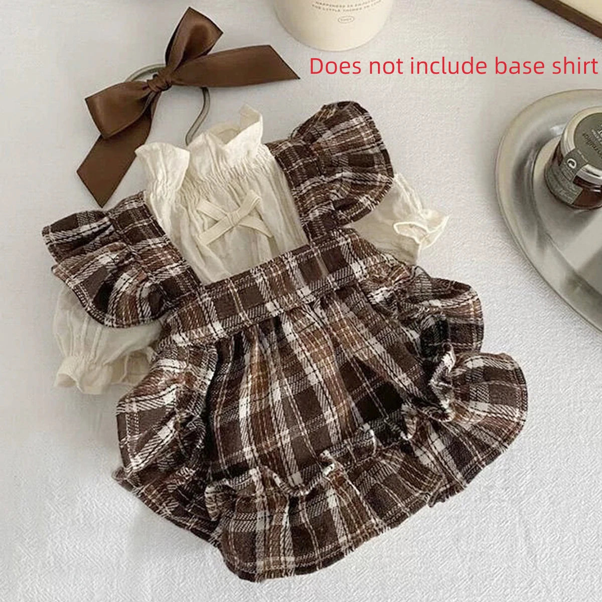 Brown Plaid Pet Pinafore Dress with Ruffle Trim