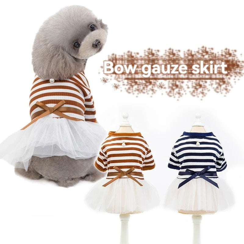 Striped Pet Dress with White Tutu Skirt & Ribbon Bow