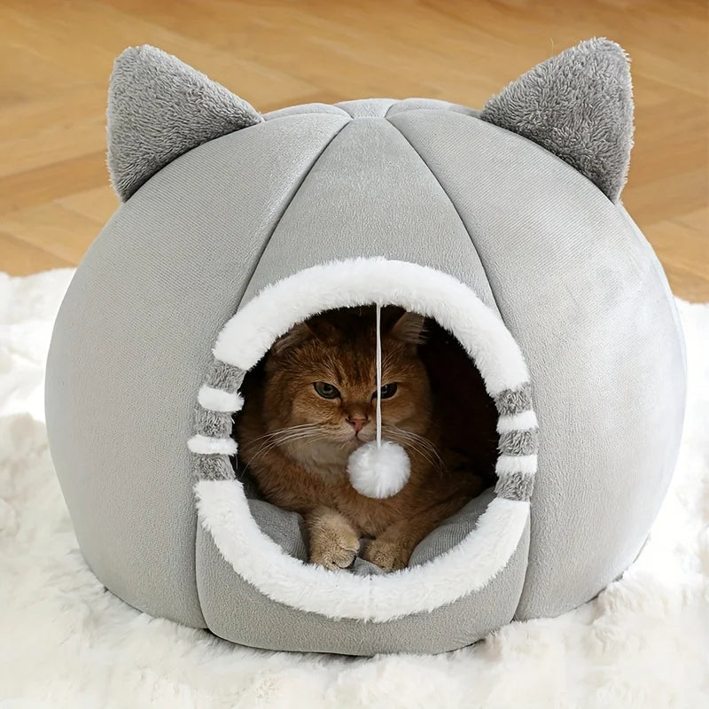 Gray Cat-Face Plush Cave Bed with Pom-Pom