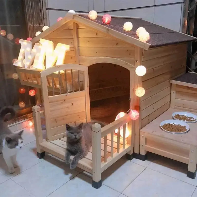 Wooden Dog House with Porch, Feeding Station & Side Storage