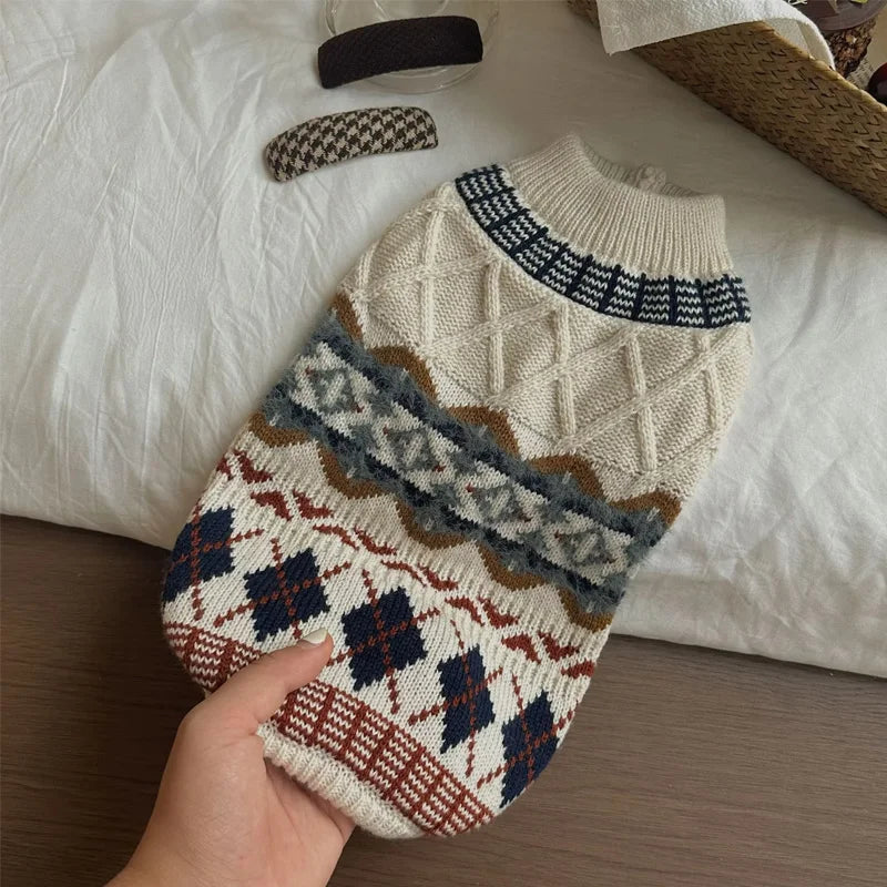 Cream Geometric-Knit Dog Sweater with Ribbed Collar