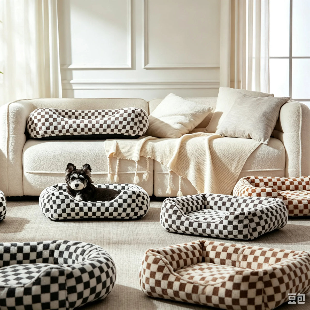 Checkerboard Fleece Bolster Bed for Dogs & Cats