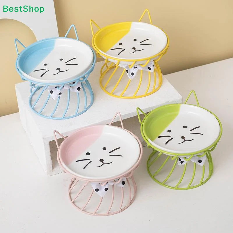 Cat-Face Ceramic Dish & Bow-Detail Stand Options