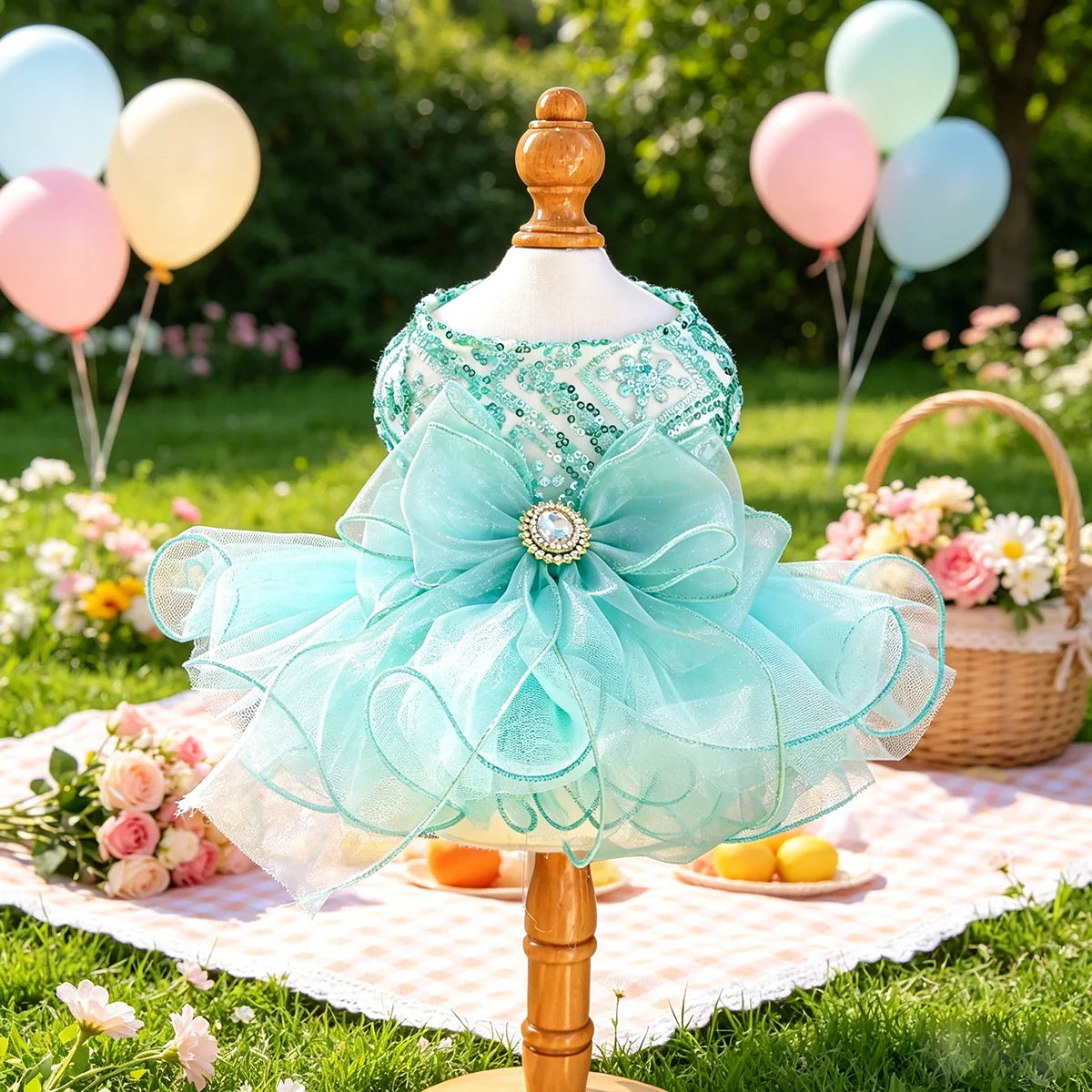 Mint Sequin & Tulle Pet Dress with Statement Bow