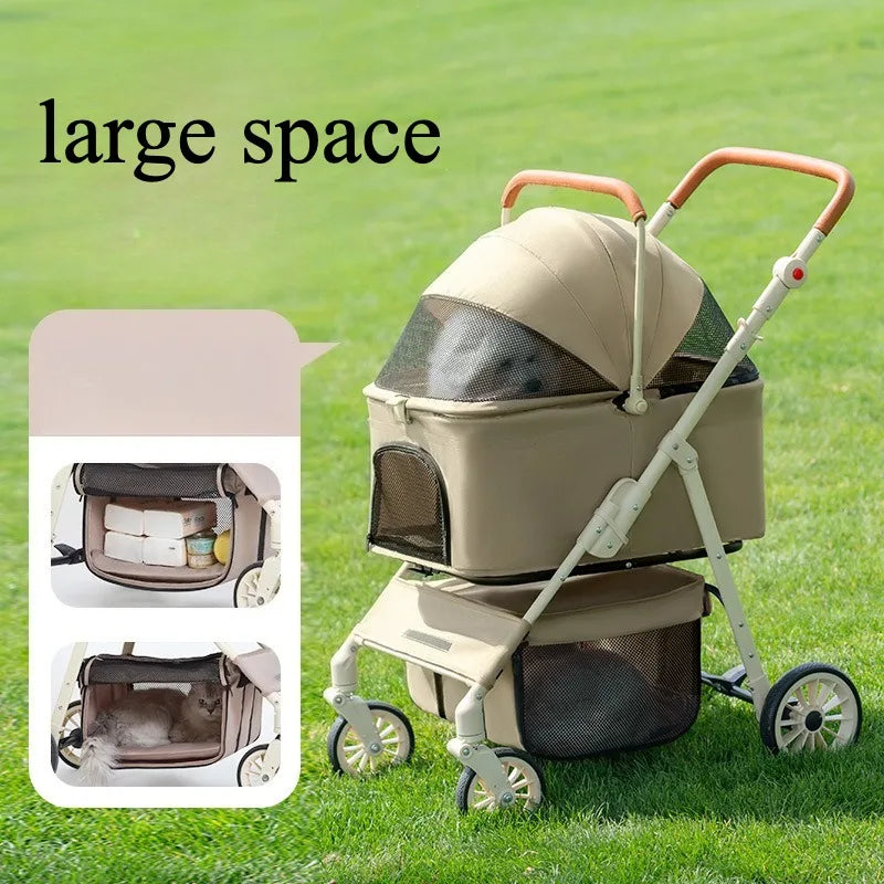 Folding Pet Stroller with Detachable Carrier & Lower Basket