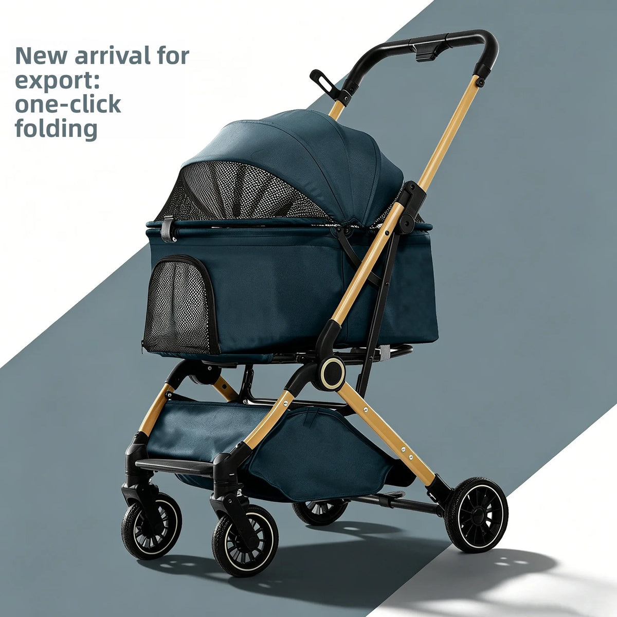 Quick-Fold Pet Stroller with Mesh Canopy & Storage Basket