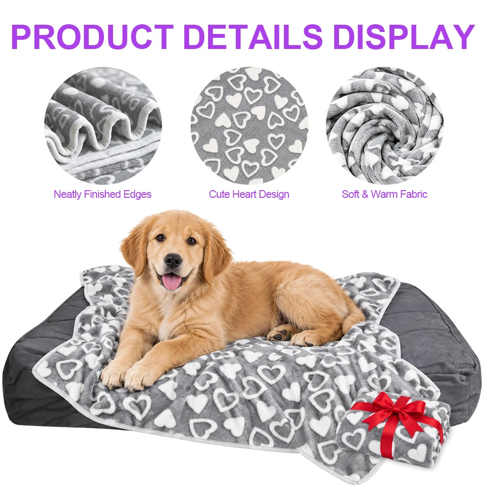 Gray Heart-Print Plush Blanket for Dogs & Cats