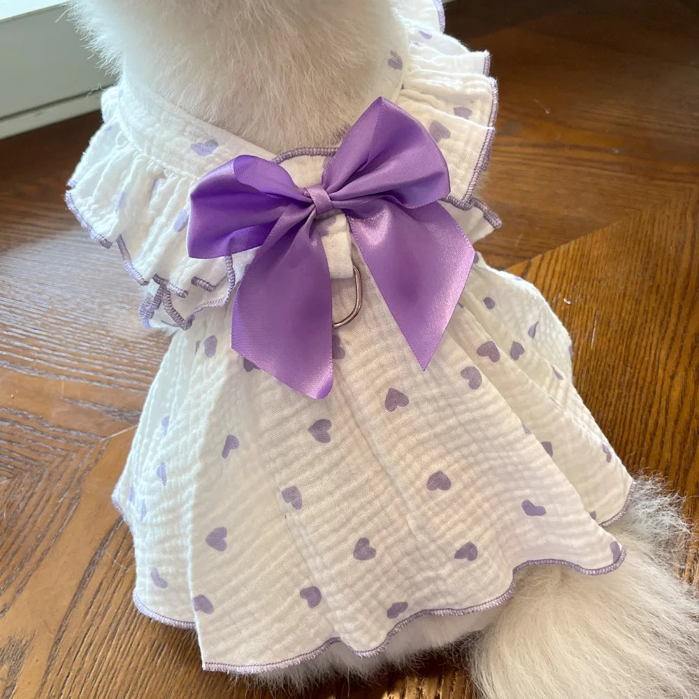 Heart-Print Pet Dress with Ruffle Collar & Bow
