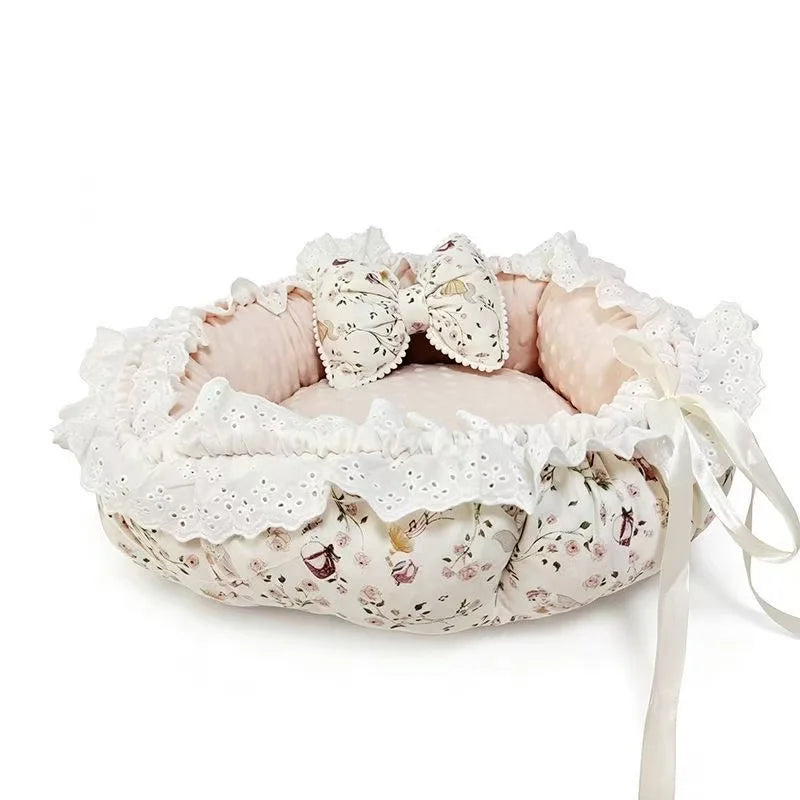 Floral Lace-Trim Pet Bed with Bow Detail