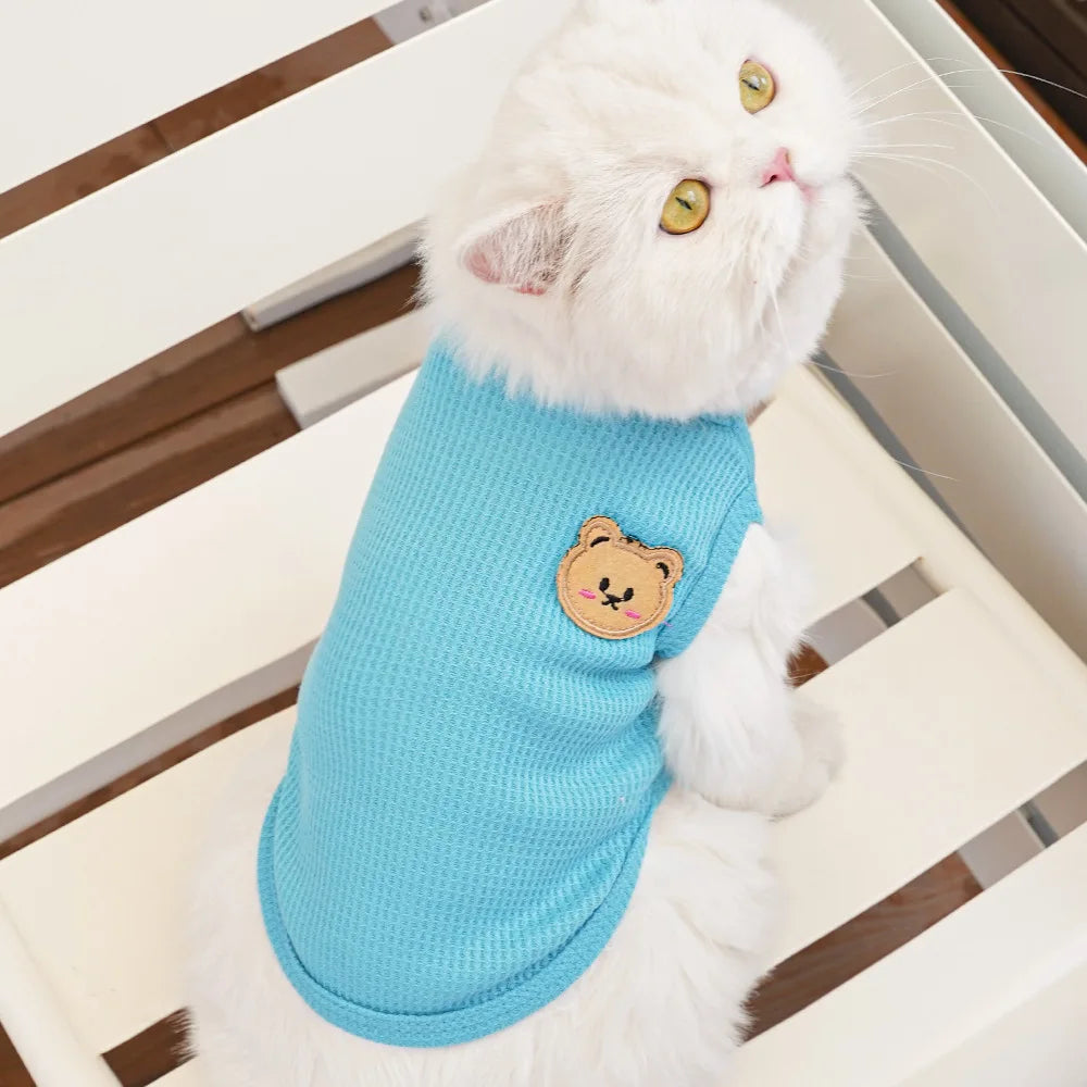 Waffle-Texture Bear-Patch Cat Vest