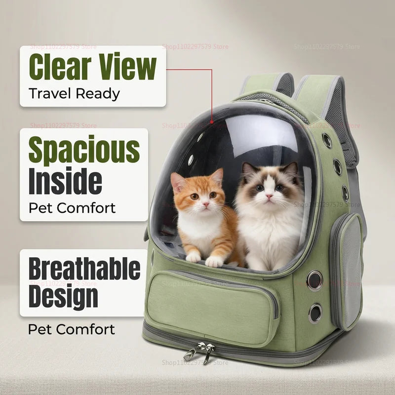 Green Clear-Front Cat Carrier Backpack with Storage Pockets