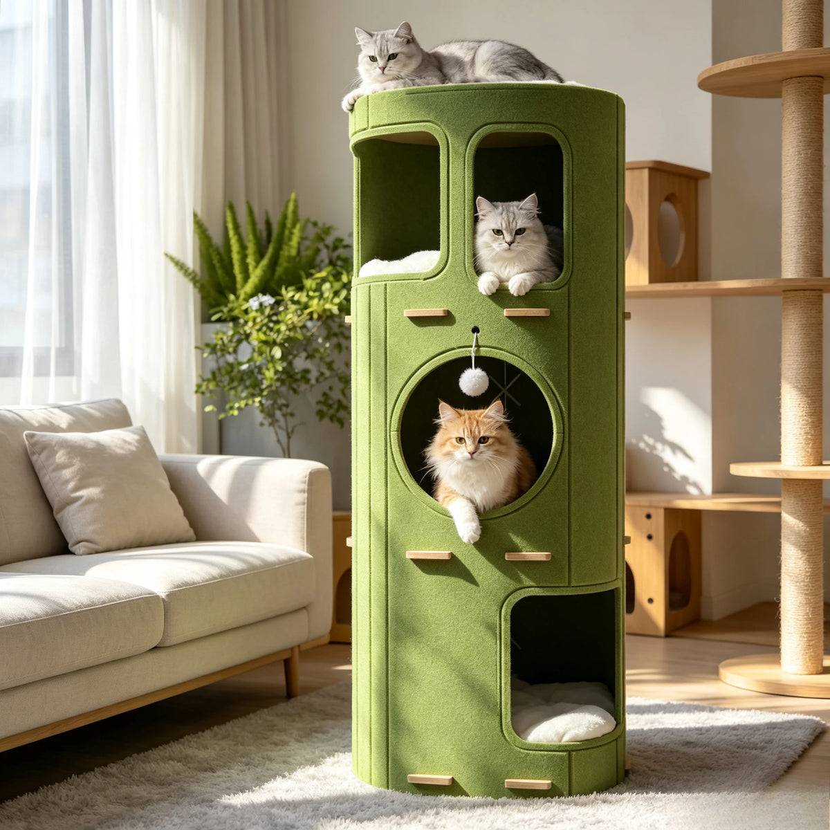Fluted Cat Tower with Enclosed Hideaways