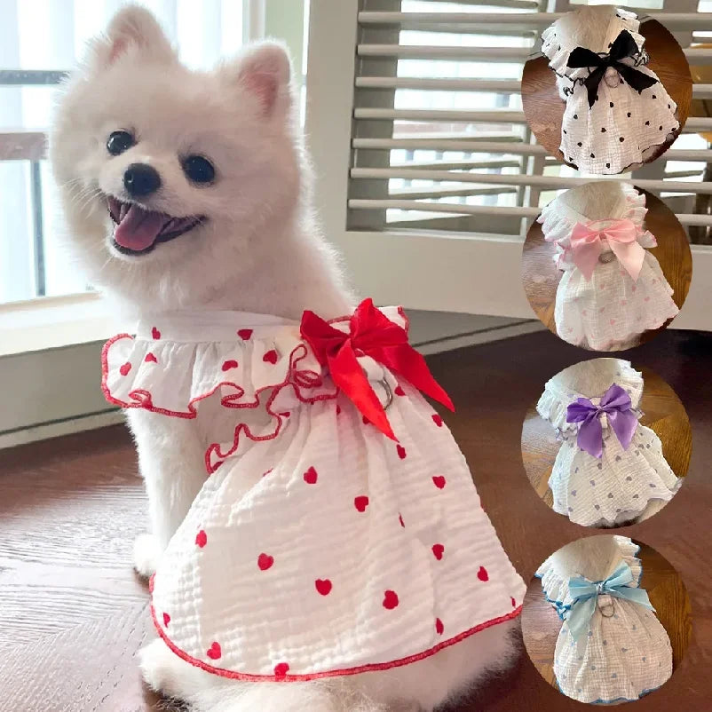 Heart-Print Pet Dress with Ruffle Collar & Bow