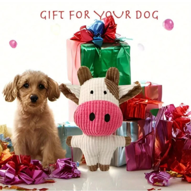 Ribbed Plush Cow Dog Toy with Pink Nose