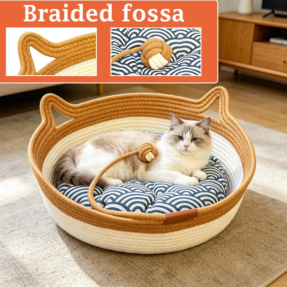 Cat-Ear Basket Bed with Removable Cushion