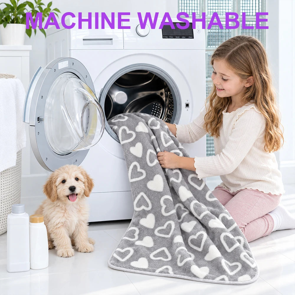 Gray Heart-Print Plush Blanket for Dogs & Cats