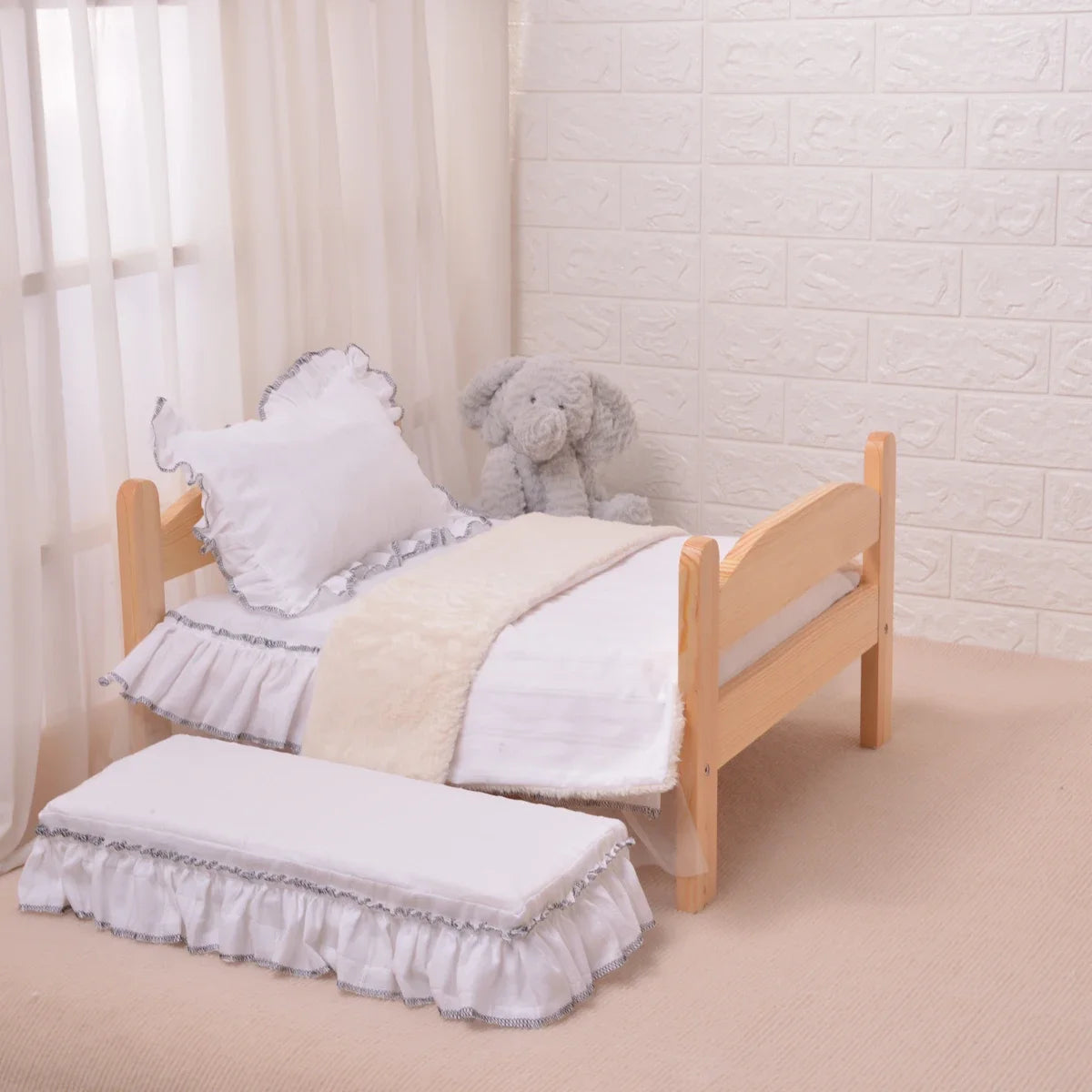 Cottage-Style Wooden Pet Bed with Ruffled Bedding
