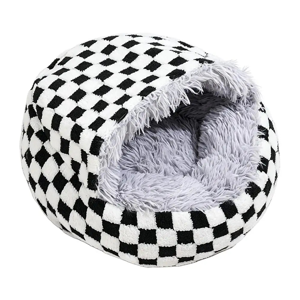 Checkerboard Plush Hooded Pet Bed