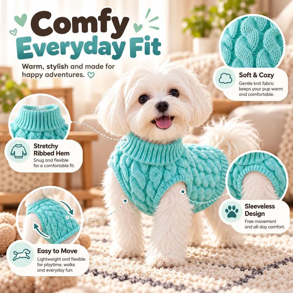 Cable-Knit Pet Sweater with Foldover Turtleneck