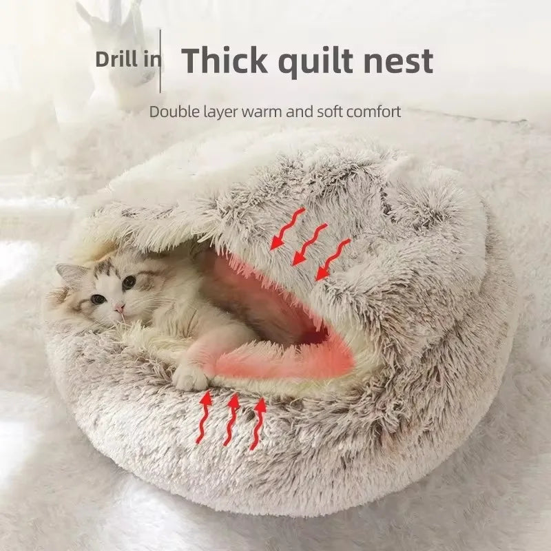 Shaggy Plush Cat Cave Bed with Snuggle Cover