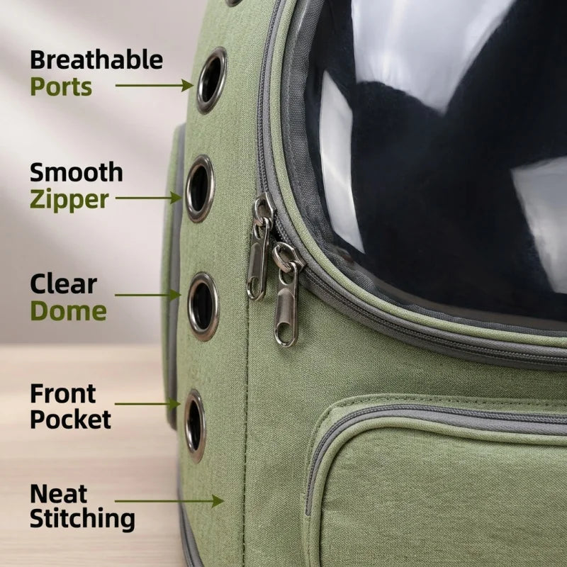 Green Clear-Front Cat Carrier Backpack with Storage Pockets