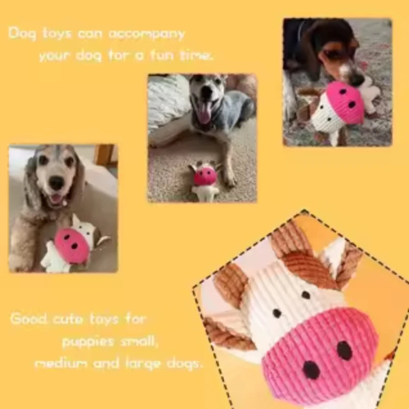 Ribbed Plush Cow Dog Toy with Pink Nose