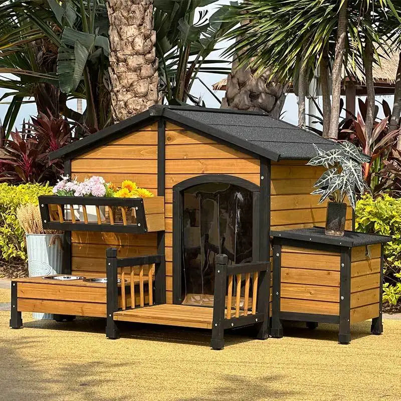 Wooden Dog House with Porch, Feeding Station & Side Storage