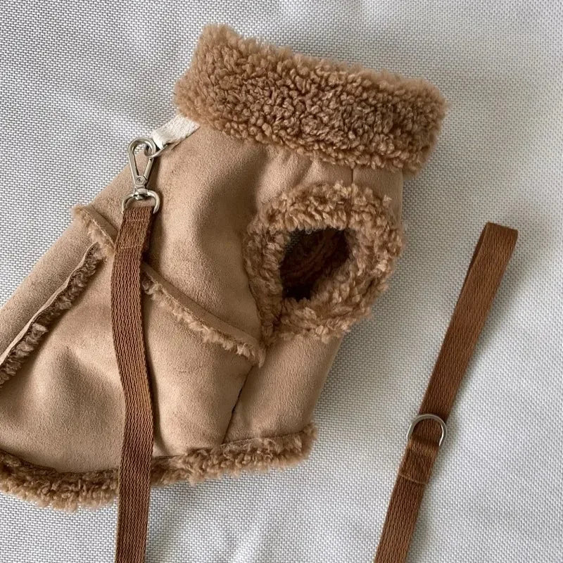 Suede-Look Pet Vest with Curly Plush Trim