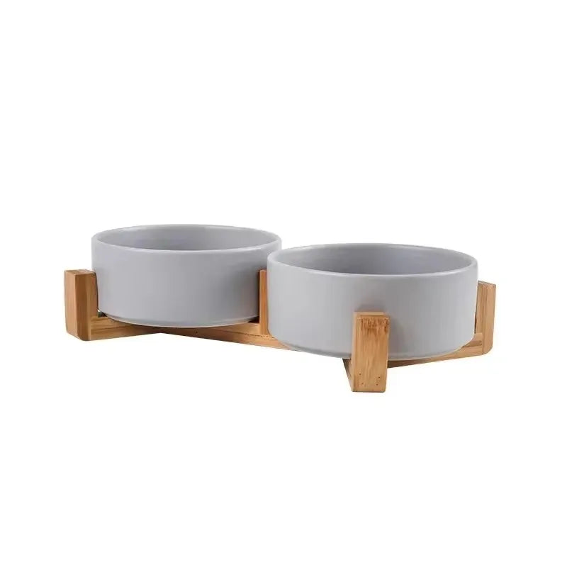 Ceramic Pet Bowl & Wooden Holder in Two Sizes