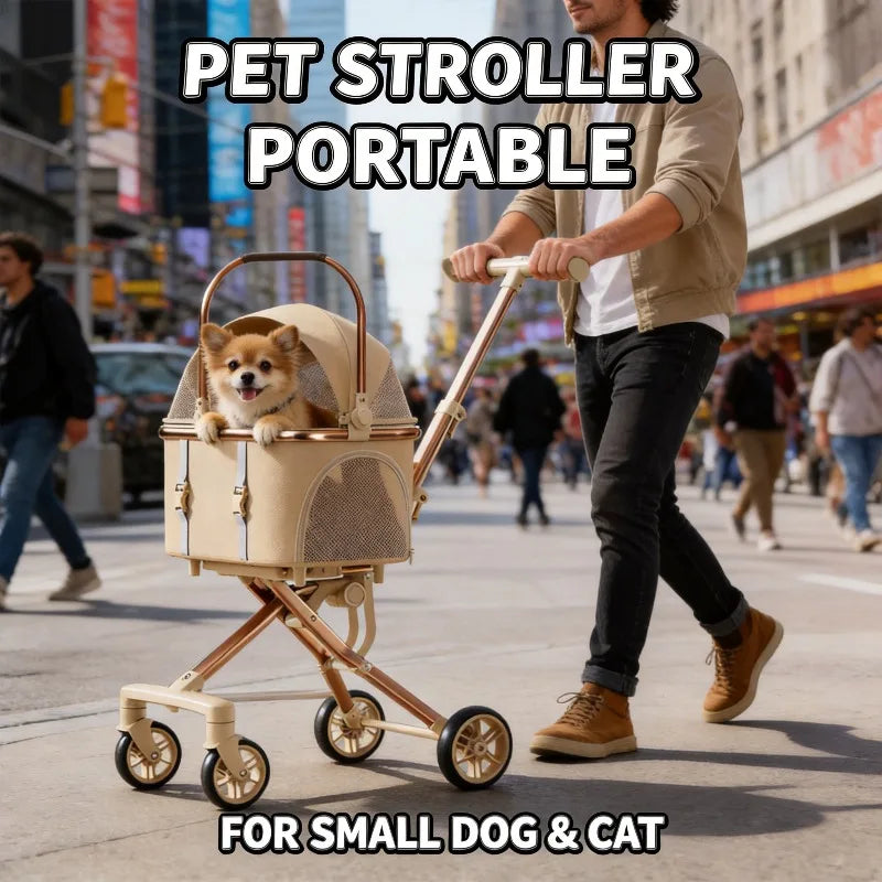 Khaki Compact Pet Stroller with Gold-Tone Frame