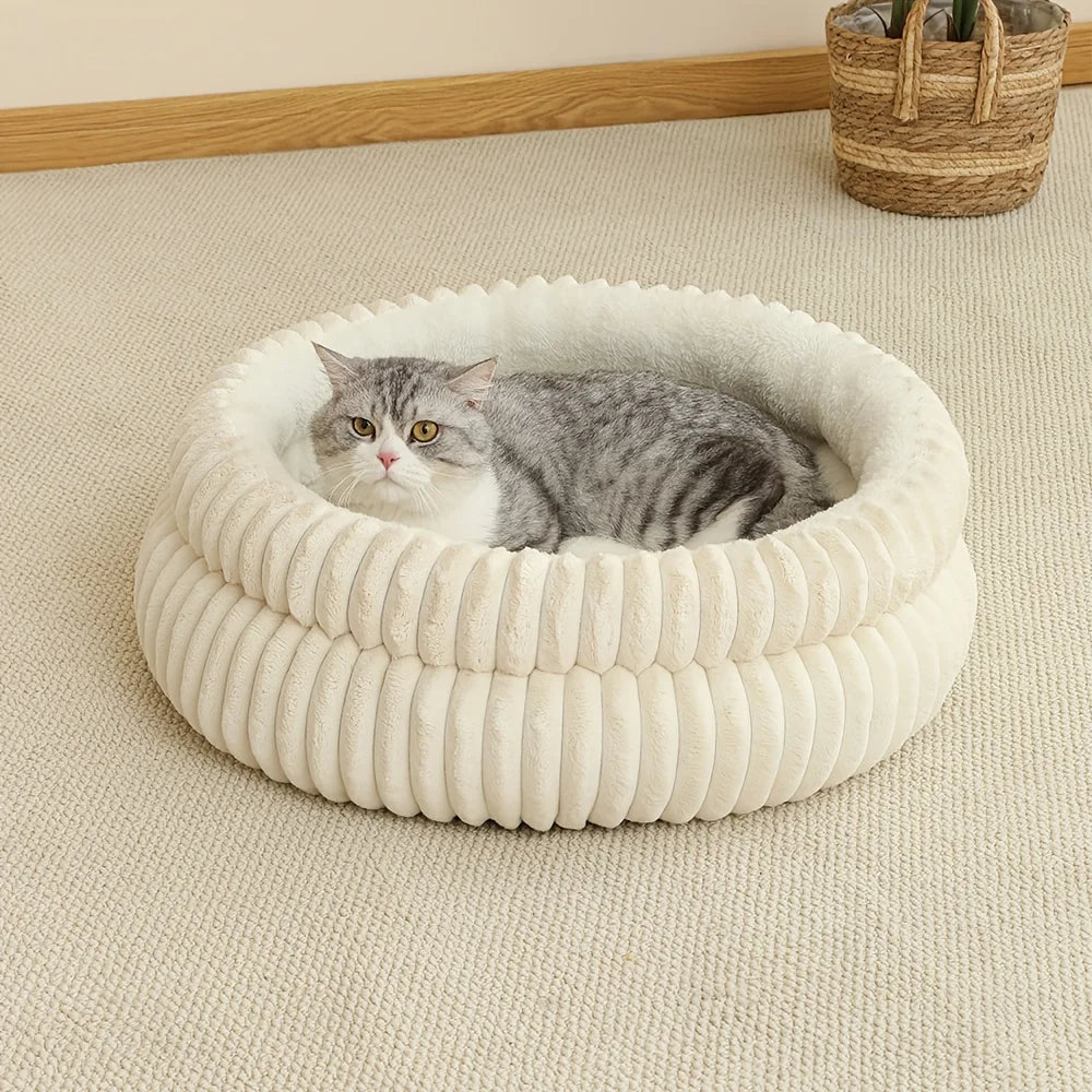 Double-Ribbed Plush Round Pet Bed