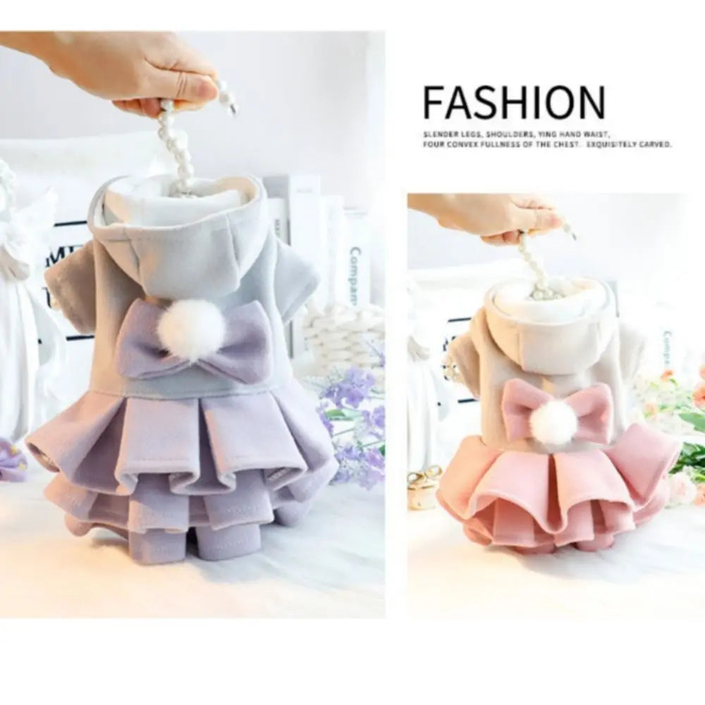 Hooded Pet Dress with Pom-Pom Bow & Tiered Skirt