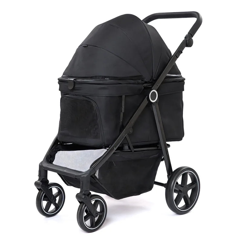 Black Pet Stroller with Canopy & Lower Storage Basket