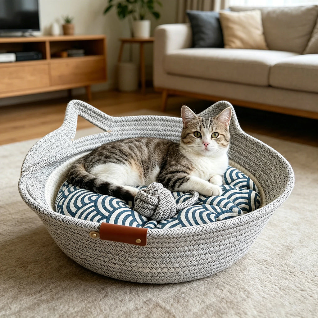 Cat-Ear Basket Bed with Removable Cushion