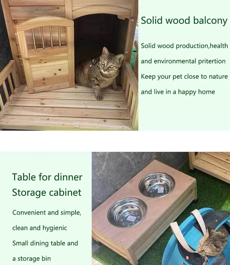 Wooden Dog House with Porch, Feeding Station & Side Storage