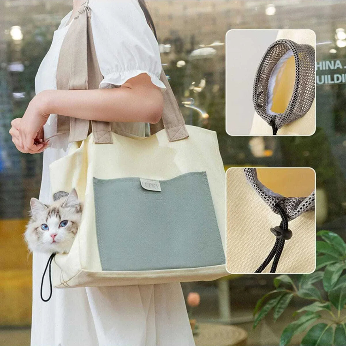 Beige Pet Carrier Shoulder Bag for Cats & Small Dogs