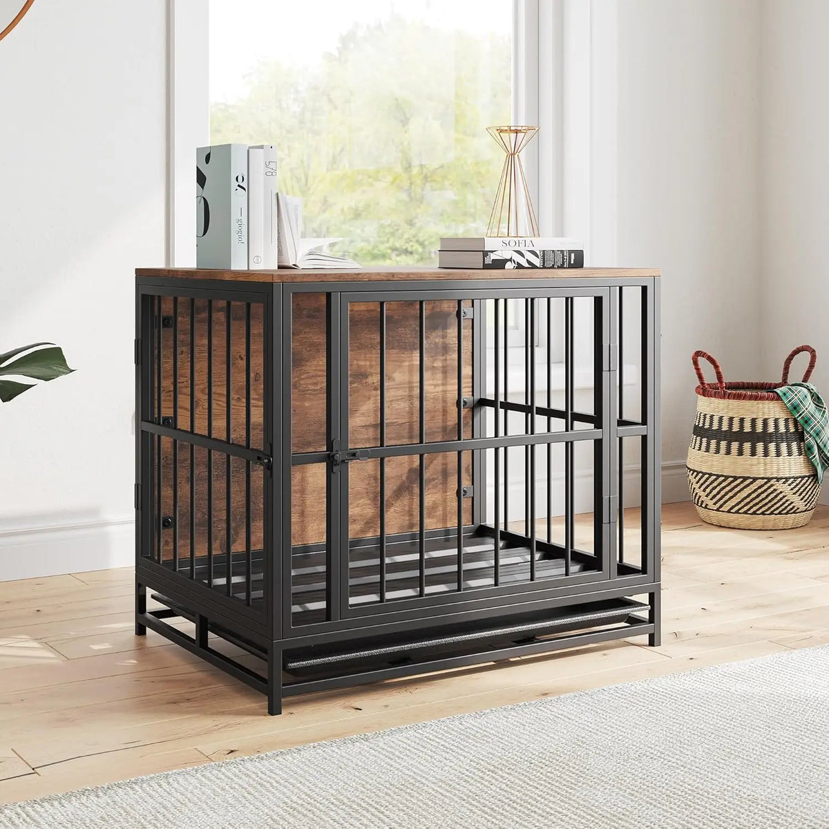 Furniture-Style Dog Crate Side Table with Double Doors & Tray