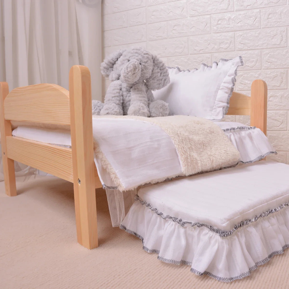Cottage-Style Wooden Pet Bed with Ruffled Bedding