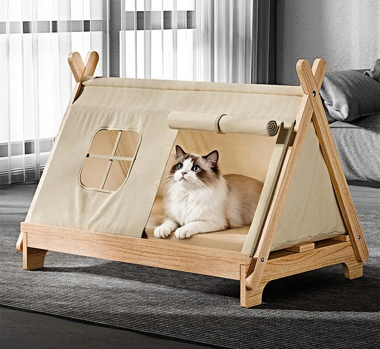 Elevated Wooden Cat Tent Bed with Peekaboo Window