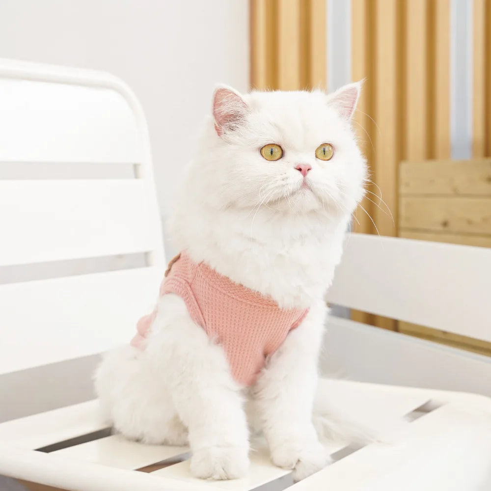 Waffle-Texture Bear-Patch Cat Vest