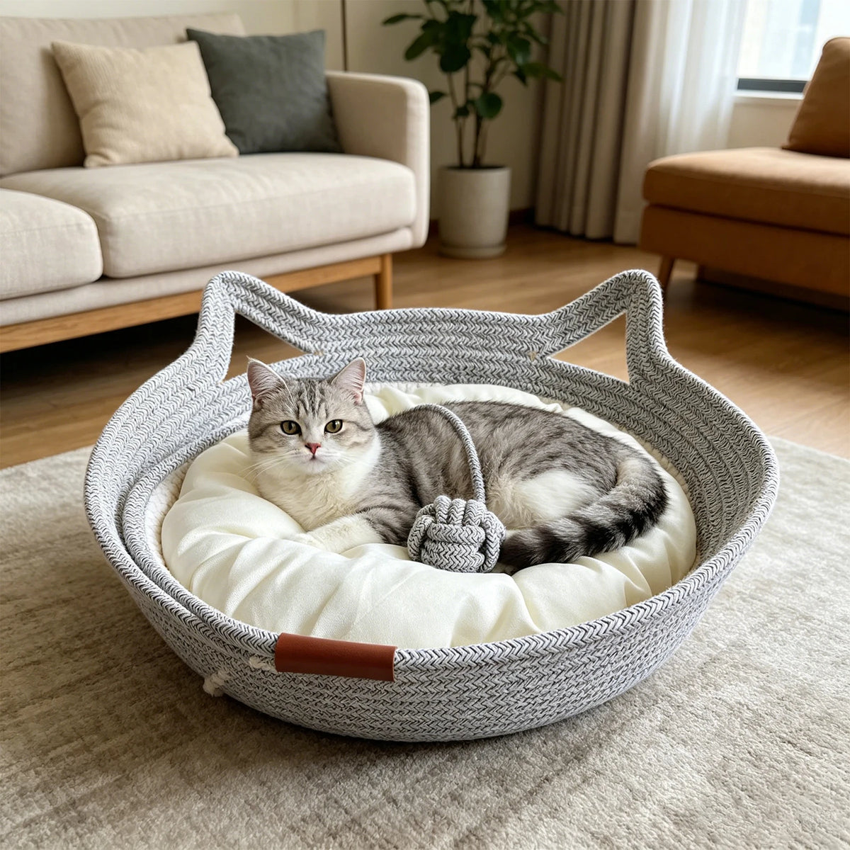 Cat-Ear Basket Bed with Removable Cushion