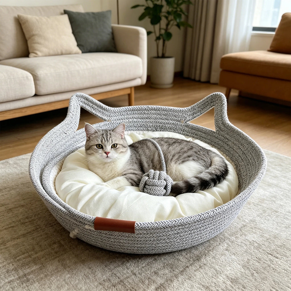 Cat-Ear Basket Bed with Removable Cushion