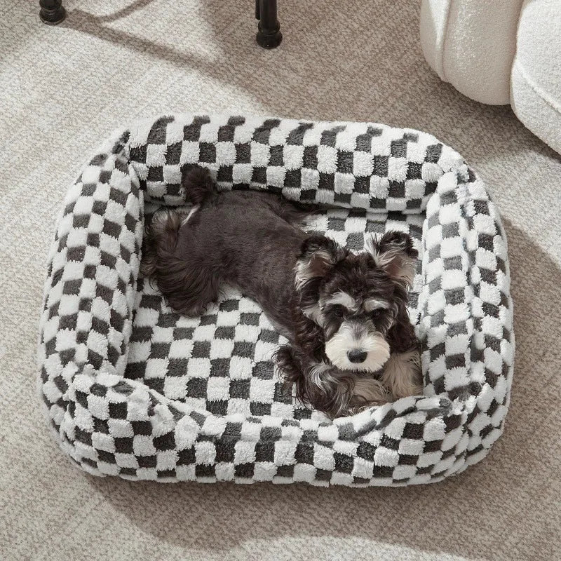 Checkerboard Fleece Bolster Bed for Dogs & Cats
