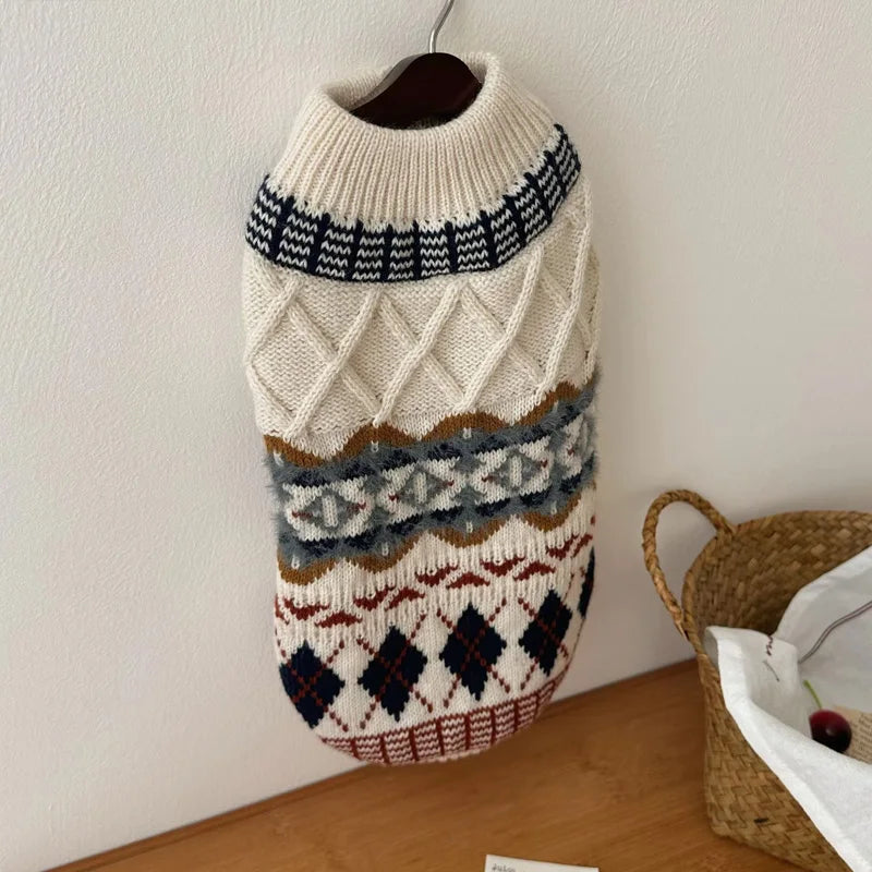 Cream Geometric-Knit Dog Sweater with Ribbed Collar