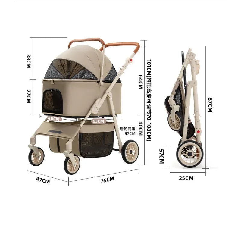 Folding Pet Stroller with Detachable Carrier & Lower Basket